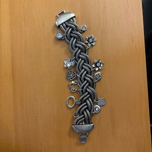 Vintage Silver Braided Charm Bracelet with Floral Accents